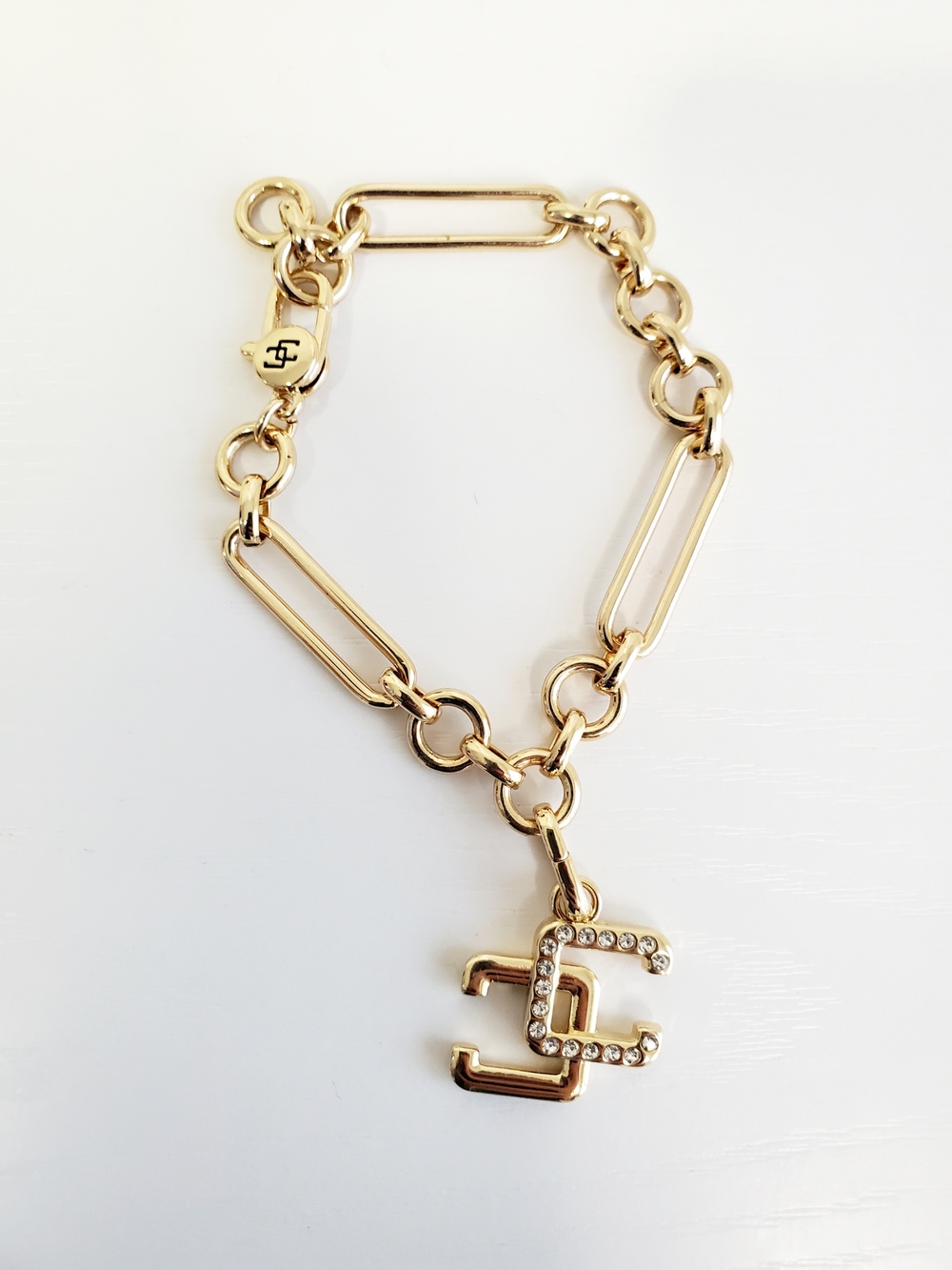 Chico's Gold-Tone Chain Bracelet with Crystal Double-C Charm